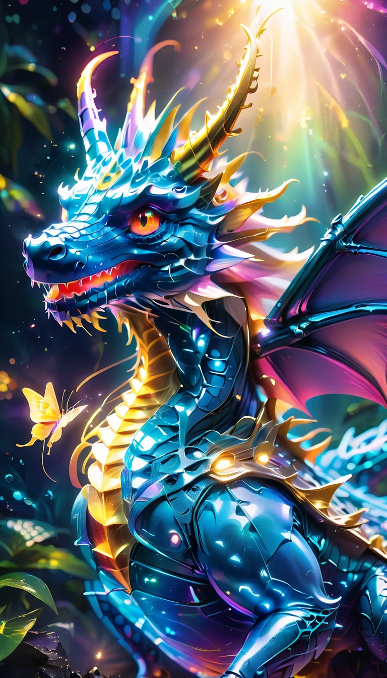 (whole body, detailed), ((Portrait of a dragon with blue butterfly wings:1.5)), photoRealistic, masterpiece: 1.2), (Highest quality, High resolution, 8K), (Realistic: 1.37), faint smoke, ultra detailed , Sharp focus, Bright Eyes, Scale and Texture, mysterious, Calm, Beautiful Landscape, Soft lighting, Vibrant colors, Rainbow and sunshine shining.16K, 超High resolution, Shining in rainbow colors、to be born,wonderful ,future、Iridescent、The world 30 years from now。