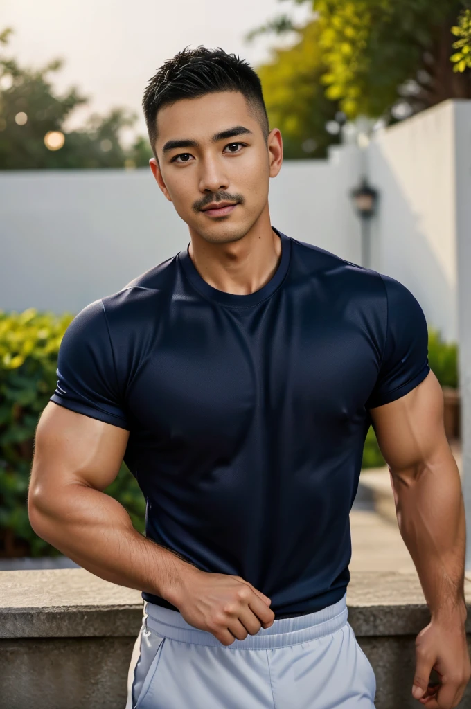 Masterpiece, best quality, high resolution, realistic, handsome, Take beautiful photos, Sayk, NRF, Photo of the 35 year old gym association (The man has a thin mustache.:1.2) Portrait, standing in the garden , make military media, weight, Amazing , Buzzcut short hair,stubble head , (Hyper Muscle),looking at the audience, Flirt with the camera, charming, (Tight navy blue workout shirt. ),(GS-Male:1), 8K,Bokeh,Portrait,look at the viewer,