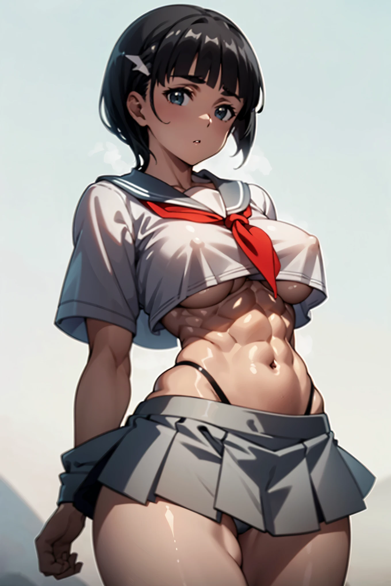 1 female,Suguha Kirigaya,white sailor suit,short sleeved,covered nipples,croptop,gray low-rise micro pleated skirt,breasts,leanbody:1.5,beautiful abs:0.5