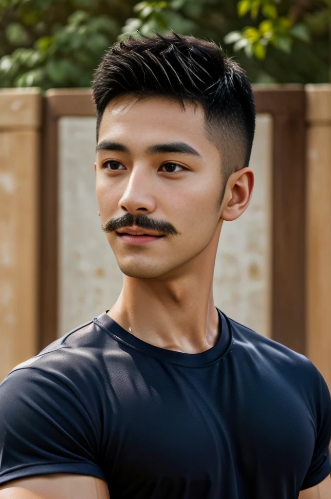 Masterpiece, best quality, high resolution, realistic, handsome, Take beautiful photos, Sayk, NRF, Photo of the 35 year old gym association (The man has a thin mustache.:1.2) Portrait, standing in the garden , make military media, weight, Amazing , Buzzcut short hair,stubble head , (Hyper Muscle),looking at the audience, Flirt with the camera, charming, (Tight navy blue workout shirt. ),(GS-Male:1), 8K,Bokeh,Portrait,look at the viewer,