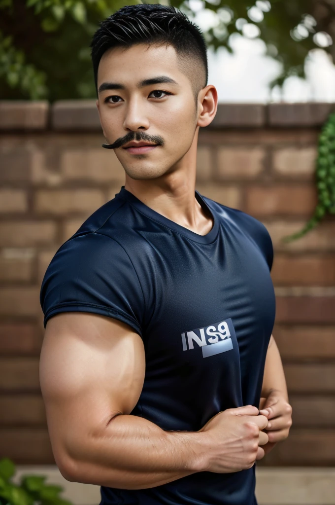 Masterpiece, best quality, high resolution, realistic, handsome, Take beautiful photos, Sayk, NRF, Photo of the 35 year old gym ociation (The man has a thin mustache.:1.2) Portrait, standing in the garden , make military media, weight, Amazing , Buzzcut short hair,stubble head , (Hyper Muscle),looking at the audience, Flirt with the camera, charming, (Tight navy blue workout shirt. ),(GS-Male:1), 8K,Bokeh,Portrait,look at the viewer,