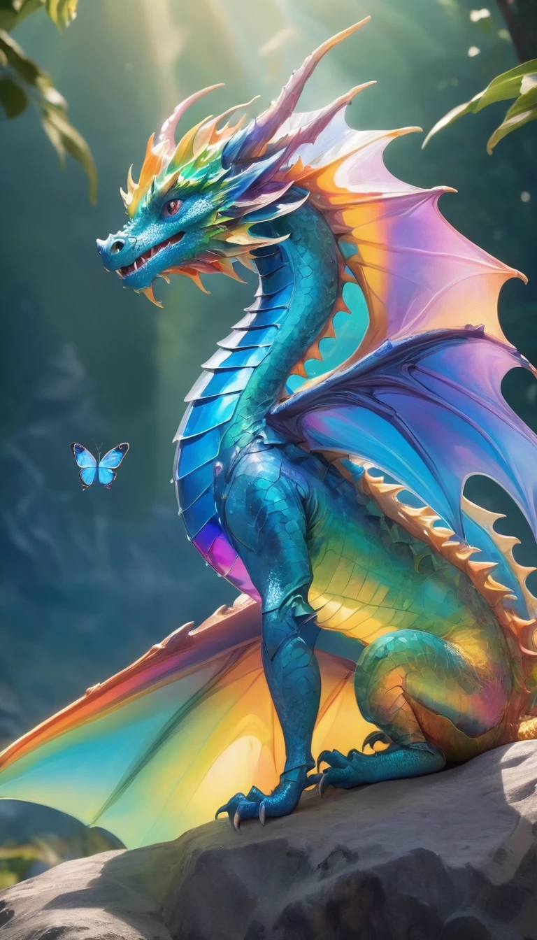 (whole body, detailed), ((Portrait of a dragon with blue butterfly wings:1.5)), photoRealistic, masterpiece: 1.2), (Highest quality, High resolution, 8K), (Realistic: 1.37), faint smoke, ultra detailed , Sharp focus, Bright Eyes, Scale and Texture, mysterious, Calm, Beautiful Landscape, Soft lighting, Vibrant colors, Rainbow and sunshine shining.16K, 超High resolution, Shining in rainbow colors、to be born,wonderful ,future、Iridescent、The world 30 years from now。