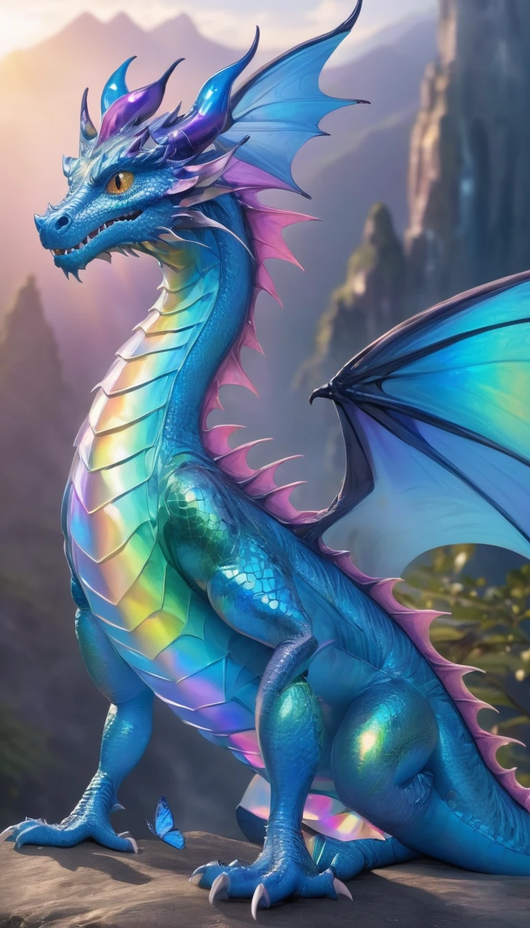 (whole body, detailed), ((Portrait of a dragon with blue butterfly wings:1.5)), photoRealistic, masterpiece: 1.2), (Highest quality, High resolution, 8K), (Realistic: 1.37), faint smoke, ultra detailed , Sharp focus, Bright Eyes, Scale and Texture, mysterious, Calm, Beautiful Landscape, Soft lighting, Vibrant colors, Rainbow and sunshine shining.16K, 超High resolution, Shining in rainbow colors、to be born,wonderful ,future、Iridescent、The world 30 years from now。