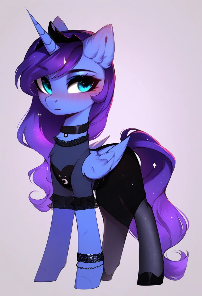check_9, check_8_up, check_7_up, source_fluffy, rating_safe, from Magnaluna, Luna poses seductively in a gothic bedroom, antro, blushing, blue body, purple mane, see through black skirt