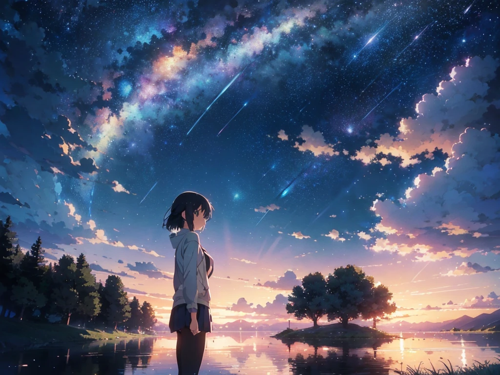 masterpiece, Concept Art, Panorama, figure, Wide Shot, One girl, Are standing, cliff, Flower Field, night, (Meteors), Space galaxy background, (A magnificent composition, Epic proportions), Dynamic Lighting, 鮮やかなcolor, makoto shinkai, Your name is inspiration, High quality , landscape, Animated train passing through water on the tracks, Bright starry sky. break Romantic train, Pixiv, Concept Art, Lofi Art style, reflection. by Makoto Shinkai, Lofi Art, Beautiful anime scene, break Anime landscape, detailedなlandscape, in Makoto Shinkai's Style, Makoto Shinkai's Style, 強化されたdetailed, break,detailed,Realistic,4K の非常にdetailedなデジタルアート,Octane Rendering, Bioluminescent, break 8K resolution Concept Art, realism,Mappa Studio,masterpiece,Highest quality,Official Art,figure,Clear lines,(nice_color),Perfect composition,Absurd, Fantasy,Concentration