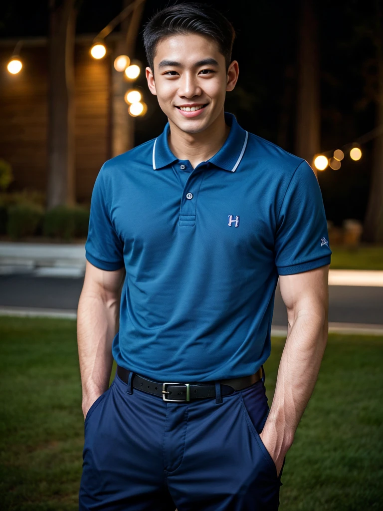 (best quality, 4K, 8k, high resolution, Masterpiece: 1.2), Special details, (realistically, As realistic as a photo, photo realistic: 1.37), Edge lighting, Extra detailed coloring, sharp focus, Physical rendering ,Extremely detailed description,professional,light color,Bokeh,Portrait,look at the viewer, Young Asian man, 20 years old ,(Wear a navy polo shirt.), smile ,Wide yard