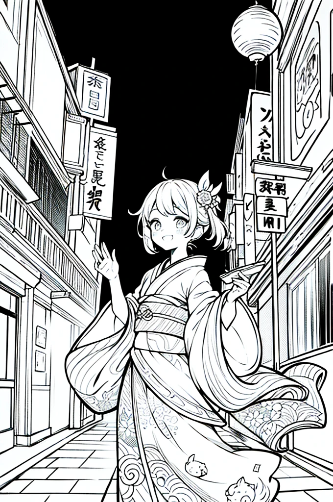 As a coloring book, the color should be black and white, the border should be simple, clear, and bold. A bubbly Asian girl with a contagious smile is enjoying a lively [matsuri festival] in the bustling streets of Tokyo. She is wearing a festive [kimono with goldfish pattern], the vibrant colors blending with the energy of the crowd. The girl's hands are clapping to the rhythm of the music, and her hair is adorned with a colorful [hair ornament]. The festival lanterns and street decorations provide a festive backdrop for the coloring book illustration.
