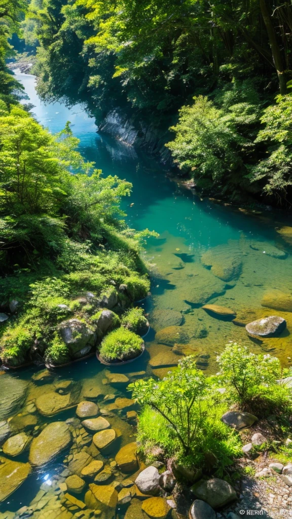 A clear river with sunlight filtering through the trees in Mino City, Gifu Prefecture. A view from the water surface in the riverbed in the forest above. I got close enough to see the stones. I squatted down a little more.