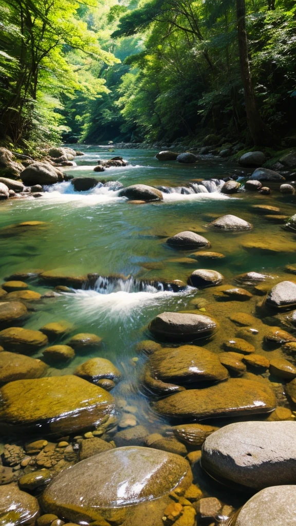 A clear river with sunlight filtering through the trees in Mino City, Gifu Prefecture. A view from the water surface in the riverbed in the forest above. I got close enough to see the stones. I squatted down a little more.