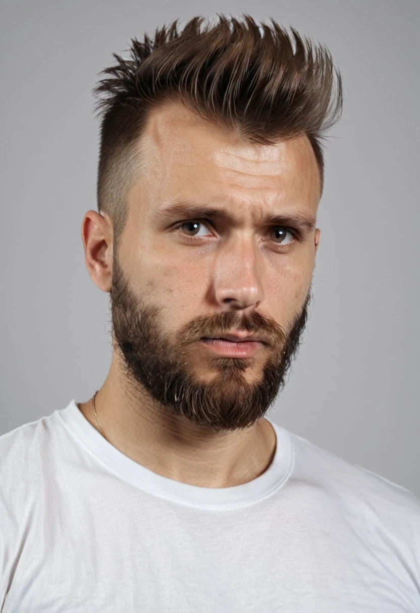 a serious-looking russian man with and faux hawk haircut with well-groomed beard, wearing a white t-shirt, closeup portrait, dramatic lighting, white background, gloomy, (best quality,8k,highres,masterpiece:1.2),ultra-detailed,(realistic,photorealistic,photo-realistic:1.37),HDR,studio lighting,vivid colors,superb quality,portrait,dramatic