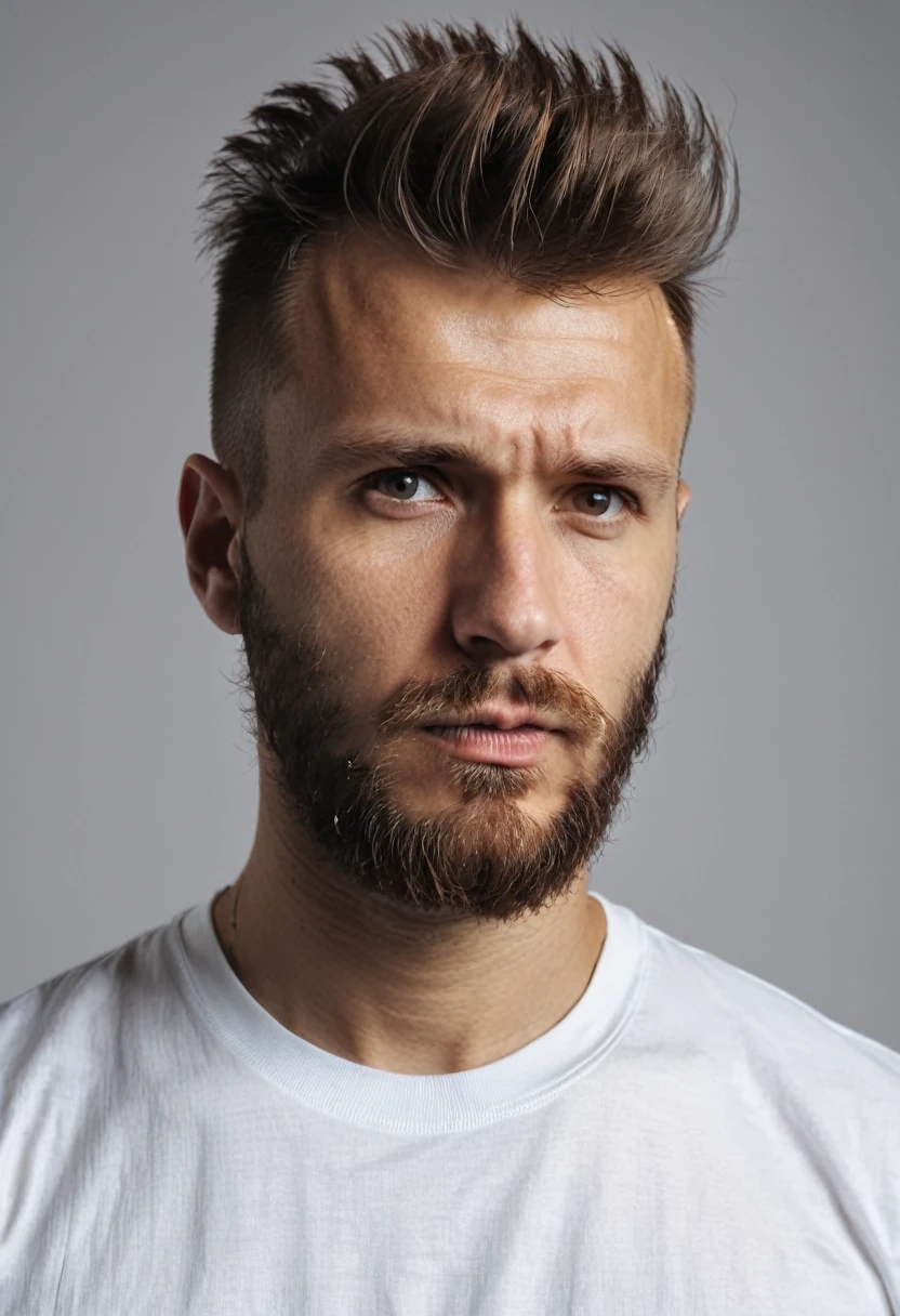 a serious-looking russian man with and faux hawk haircut with well-groomed beard, wearing a white t-shirt, closeup portrait, dramatic lighting, white background, gloomy, (best quality,8k,highres,masterpiece:1.2),ultra-detailed,(realistic,photorealistic,photo-realistic:1.37),HDR,studio lighting,vivid colors,superb quality,portrait,dramatic