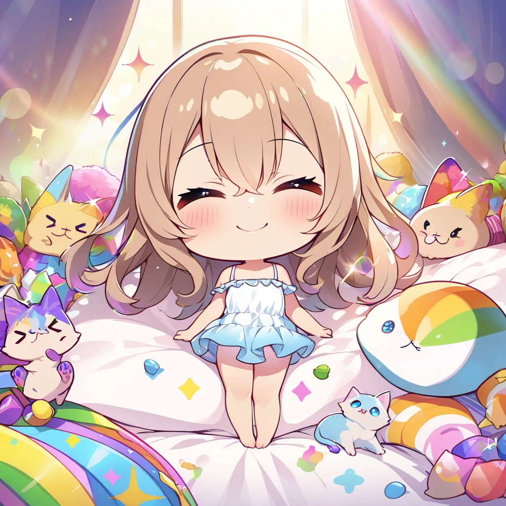 masterpiece, best quality, 4k、2D illustration、one beautiful girl、solo、(((chibi style)))、((vivid colors))、cute chibi、lovely chibi、long beautiful hair, glossy light brown hair, hair between eyes, cute、closed eyes、((camisole dress)), ((miniskirt))、((colorful))、((smile))、sleeping in bed、((full body shot))、((kitten)), ((lots of colorful stuff around))、((bed))、sparkle、((lens flare))、