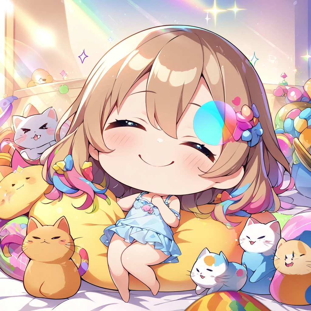 masterpiece, best quality, 4k、2D illustration、one beautiful girl、solo、(((chibi style)))、((vivid colors))、cute chibi、lovely chibi、long beautiful hair, glossy light brown hair, hair between eyes, cute、closed eyes、((camisole dress)), ((miniskirt))、((colorful))、((smile))、sleeping in bed、((full body shot))、((kitten)), ((lots of colorful stuff around))、((bed))、sparkle、((lens flare))、