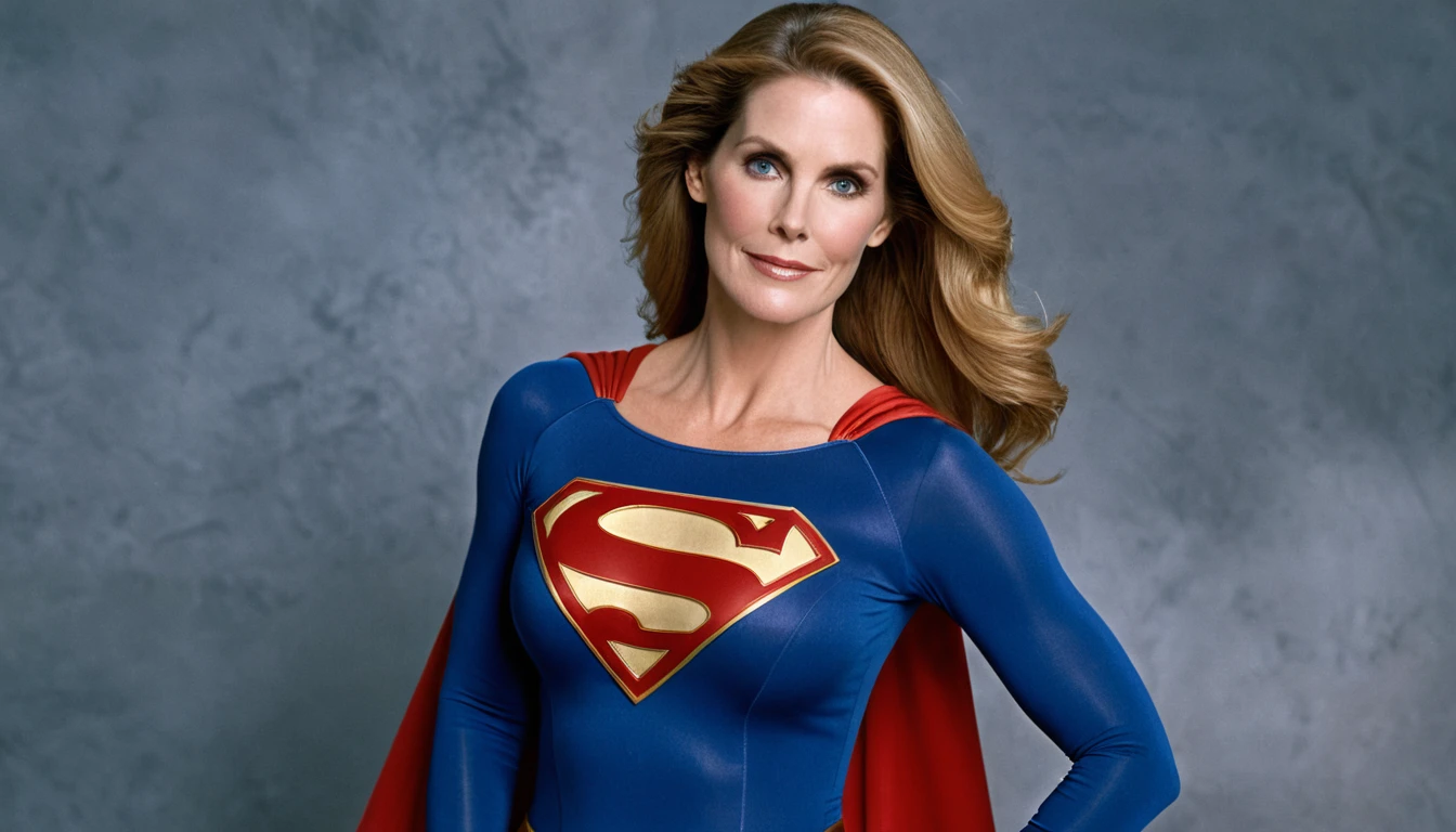 strong Julie Hagerty Supergirl; big and strong breasts. HD. Photograph, ((realism)), extremely high quality RAW photograph, ultra detailed photograph, sharp focus, high resolution, (detailed skin:1,3),high quality, film grain, Fujifilm XT3,Highly Detailed, movie, (Cinematic Photo:1.3) of (Realistic:1.3)