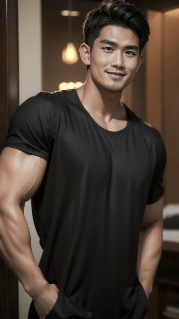 Thai man with buzz cut hairstyle, handsome, muscular, big muscles, broad shoulders, male model wearing a black t-shirt, standing and smiling.