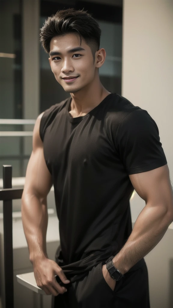 Thai man with buzz cut hairstyle, handsome, muscular, big muscles, broad shoulders, male model wearing a black t-shirt, standing and smiling.