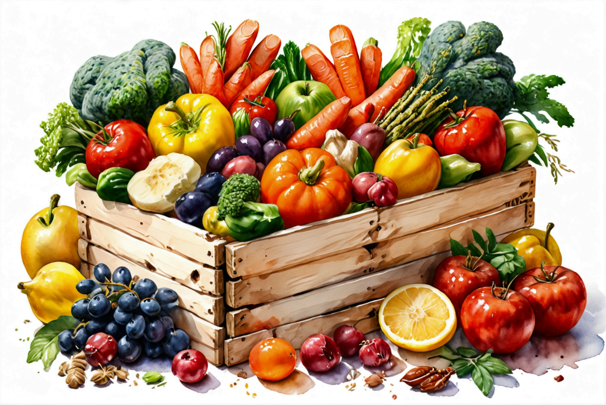 a wooden box with a lot of healthy food, illustration, isolated with solid white background, surrounded with negative space, centered composition, 8k, highest detailed painting, very precise painting, Isolated, clear solid white background, perspective angle of view, cartoon style, ((watercolor:1)), clip art, (lora:add-detail-xl:1), (masterpiece), (best quality),