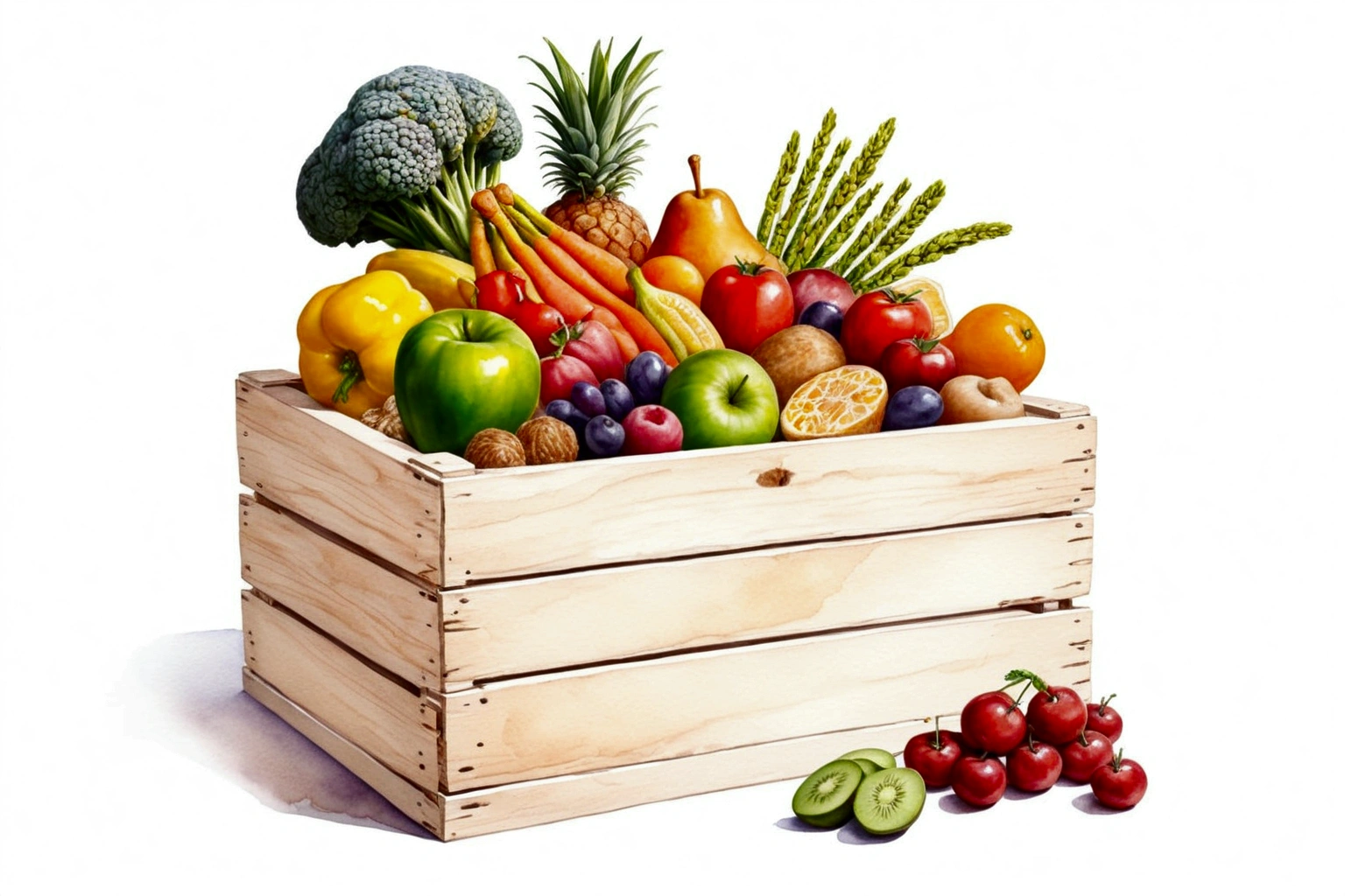 a wooden box with a lot of healthy food, illustration, isolated with solid white background, surrounded with negative space, centered composition, 8k, highest detailed painting, very precise painting, Isolated, clear solid white background, perspective angle of view, cartoon style, ((watercolor:1)), clip art, (lora:add-detail-xl:1), (masterpiece), (best quality),