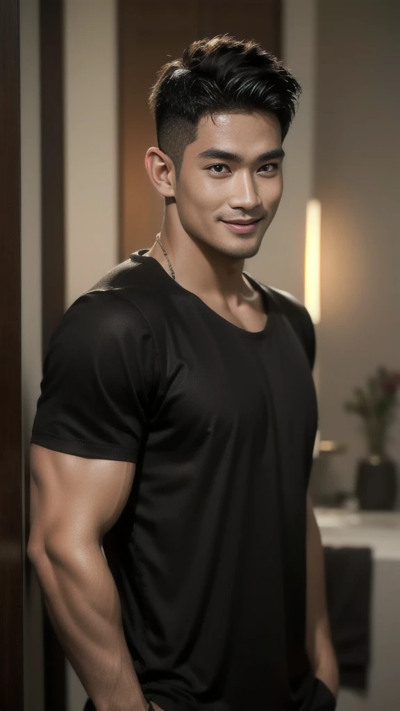 Thai man with buzz cut hairstyle, handsome, muscular, big muscles, broad shoulders, male model wearing a black t-shirt, standing and smiling.