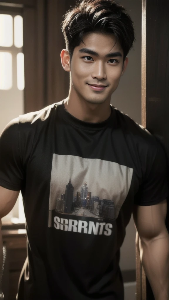 Thai man with buzz cut hairstyle, handsome, muscular, big muscles, broad shoulders, male model wearing a black t-shirt, standing and smiling.