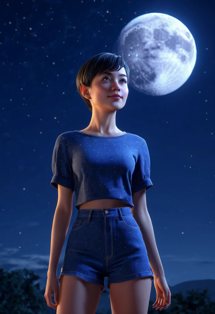 short hair, female, 3d character, night sky, Bright Moon