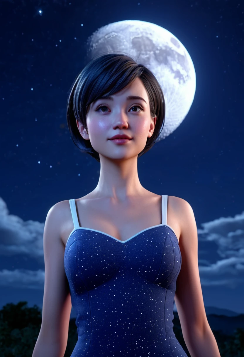 short hair, female, 3d character, night sky, Bright Moon