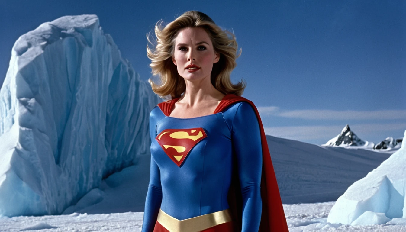 Fortress of Solitude (south pole) place; strong Julie Hagerty Supergirl 1984s take off; big and strong breasts. HD. Photograph, ((realism)), extremely high quality RAW photograph, ultra detailed photograph, sharp focus, high resolution, (detailed skin:1,3),high quality, film grain, Fujifilm XT3,Highly Detailed, movie, (Cinematic Photo:1.3) of (Realistic:1.3)