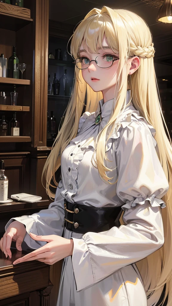 (Top resolution、Distinct_image)top-quality、female 、​masterpiece、highly detailed、Semi-realistic、green eyes  、18year old、young、cool clothing、Exquisite facial features、Facial features ,variations, potrait, a bar background,  platinum blonde hair , long straight hairstyles, white blouse, cute, shy girl, wear glasses 