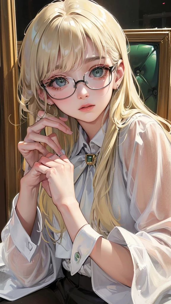 (Top resolution、Distinct_image)top-quality、female 、​masterpiece、highly detailed、Semi-realistic、green eyes  、18year old、young、cool clothing、Exquisite facial features、Facial features ,variations, potrait, a bar background,  platinum blonde hair , long straight hairstyles, white blouse, cute, shy girl, wear glasses 