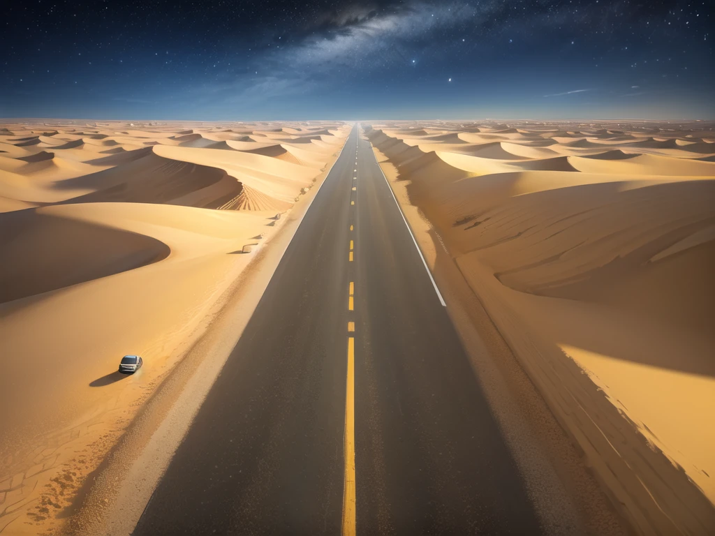 (desert :1.2),road ,(รถวิ่งบนroad:1.2) landscape:1.5 ,(Many cars:1.2) ,nighttime