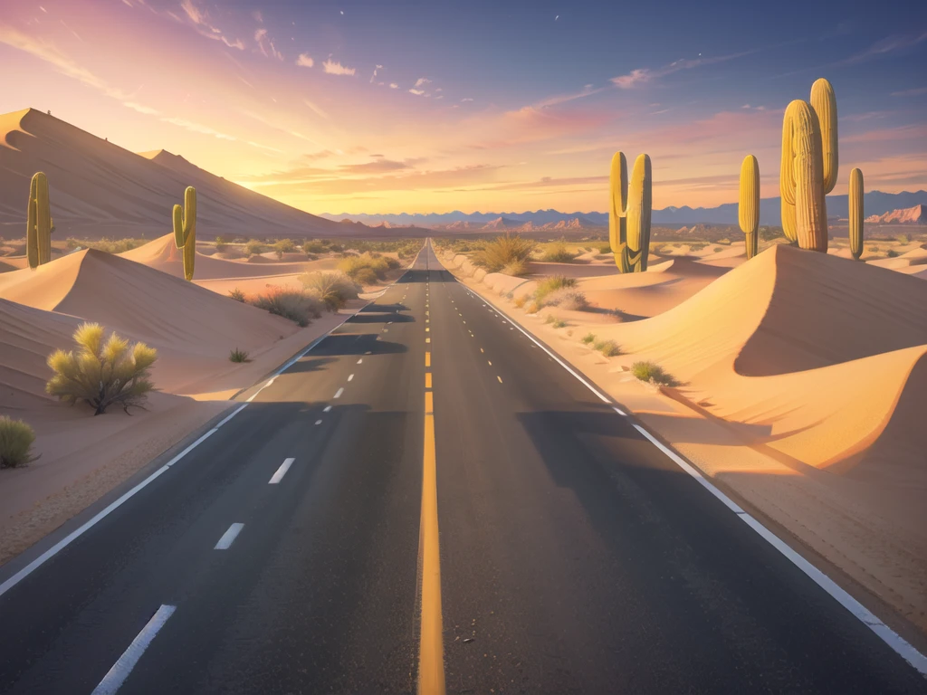 (desert :1.2),road ,(รถวิ่งบนroad:1.2) landscape:1.5 ,(Many cars:1.2) ,nighttime