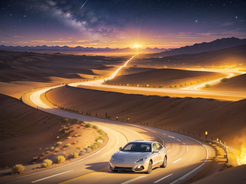 (desert :1.2),road ,(รถวิ่งบนroad:1.2) landscape:1.5 ,(Many cars:1.2) ,nighttime