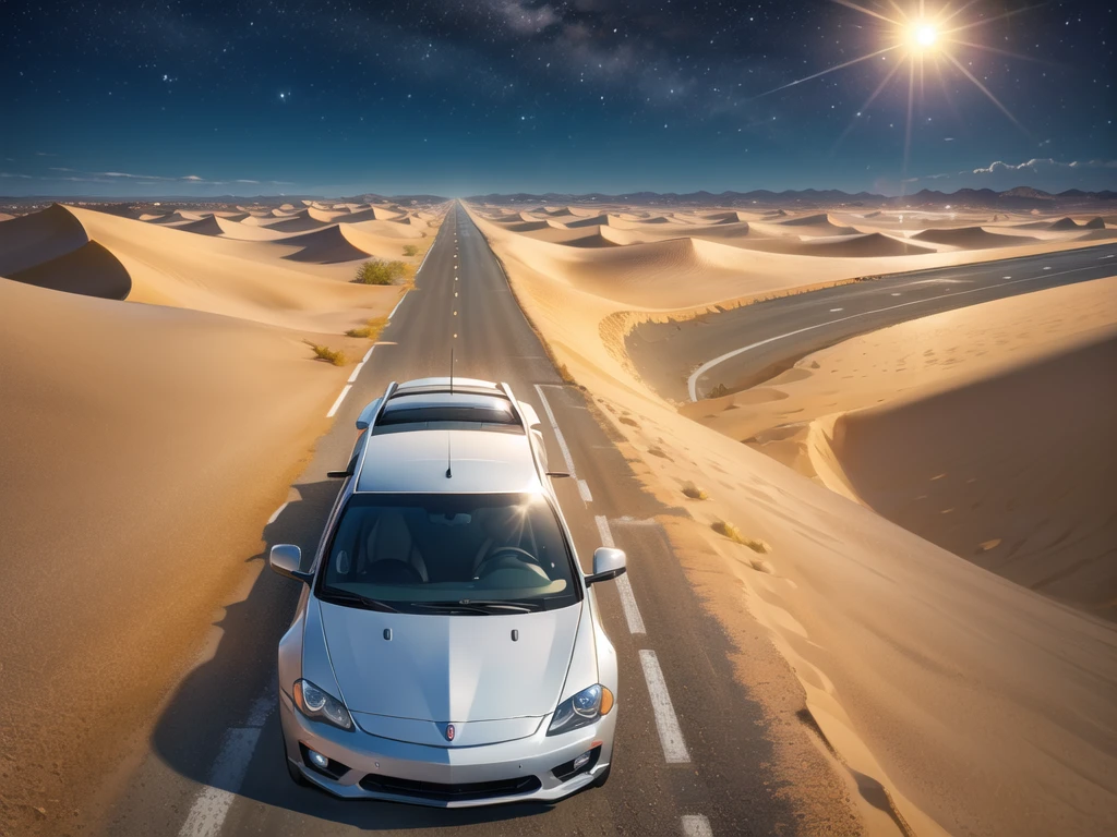 (desert :1.2),road ,(รถวิ่งบนroad:1.2) landscape:1.5 ,(Many cars:1.2) ,nighttime