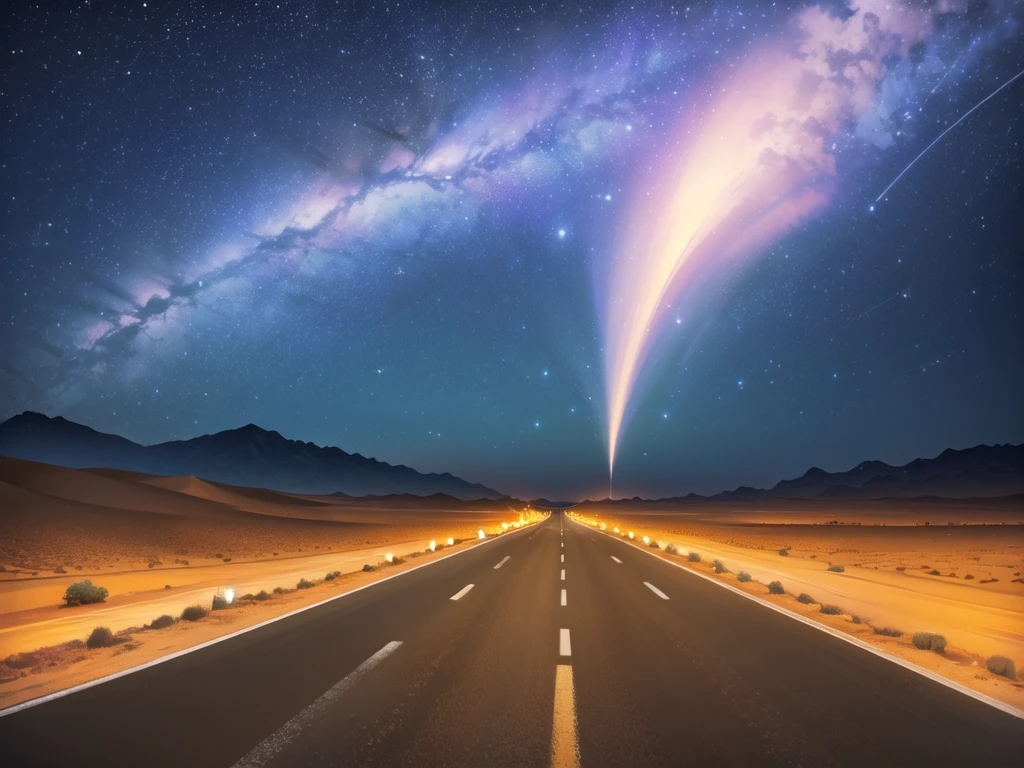 (desert :1.2),road ,(รถวิ่งบนroad:1.2) landscape:1.5 ,(Many cars:1.2) ,nighttime