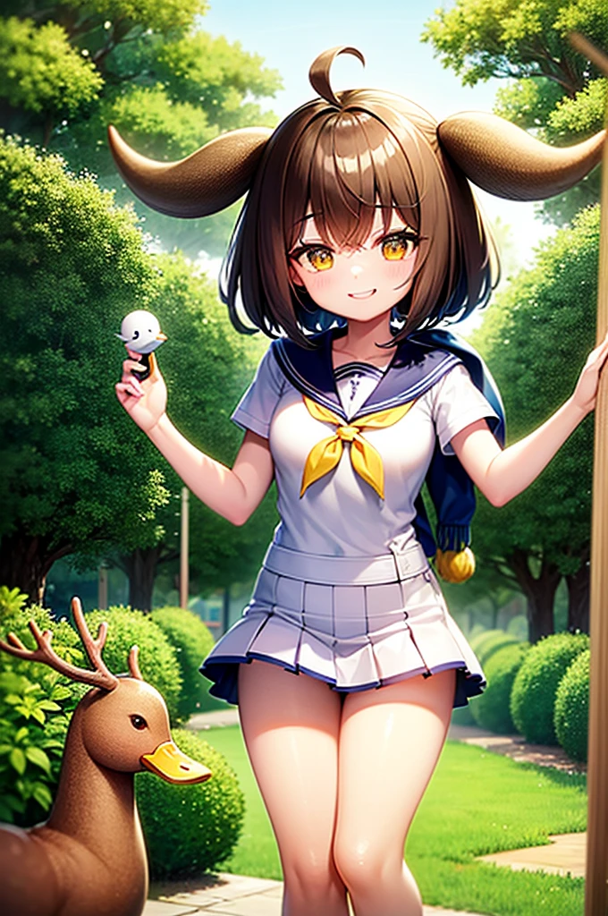 masterpiece, Highest quality, Brown haired beautiful girl、big eyes（Yellow Eyes）、bob cut、Has deer antlers growing from his head、Sailor suit（white）、scarf（light blue）、Thighs、smug face、smug、Duck mouth、Pleated mini skirt、jumping（1.3）、School Garden、sunny、morning、