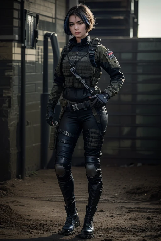 (( kate, short hair with blue highlights )), perfect hands, perfectbody, sensuous, (( Punisher MARVEL comics )), (( ballistic operational military tactical modular vest, blackw, skull printed on chest )), (( blackw ACU MILITARY UNIFORM WITH KNEE PADS )), (( military tactical half-finger paintball gloves blackw microfiber )), (( puppy tag )), (( Red Dragon Motocross Knee Pad )), (( Military Boots in Leather and Canvas Cordura Extra Light Military Tactical Bmbrasil Black )), (( Hammer PRO Belica Waist Holster ) ), Jumpy, blackw hair, shorth hair, im a blackw motorcycle kawazaki ninja,cinematic lighting, Hyper-Realism, multiple view, Nikon, multiple view, work of art, texturized skin, high resolution, 8K