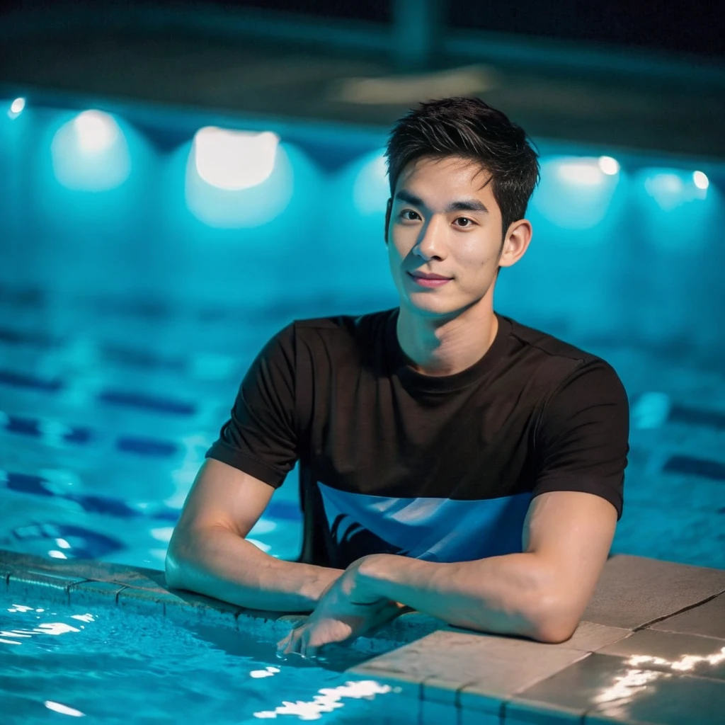独奏:1.3 ,Korean man, Inspiration from Peng Yuyan, 23 years old, Cute Korean Face, 35 yo, 33 year old Korean muscular man,Sitting near the swimming pool, black t-shirt, night light view, half moon, Blue lights under the swimming pool, lantern light,
