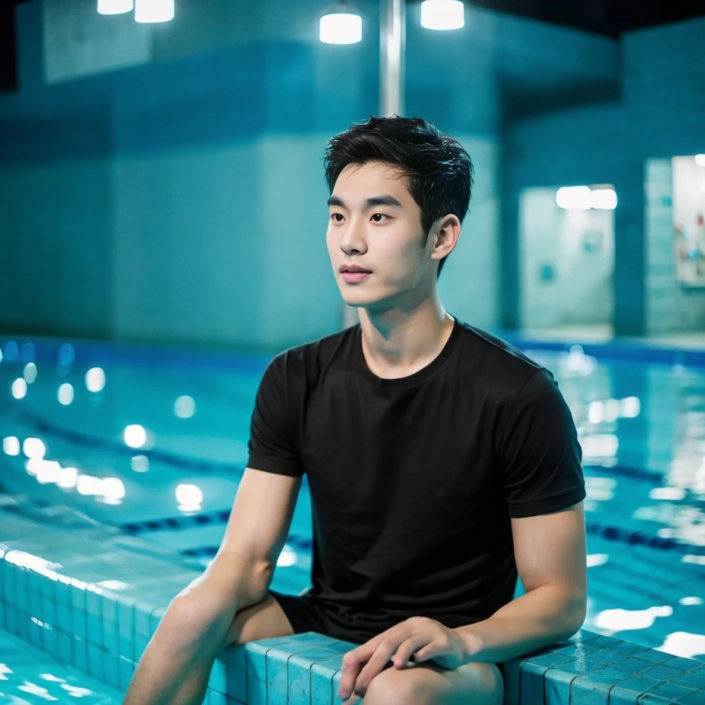 独奏:1.3 ,Korean man, Inspiration from Peng Yuyan, 23 years old, Cute Korean Face, 35 yo, 33 year old Korean muscular man,Sitting near the swimming pool, black t-shirt, night light view, half moon, Blue lights under the swimming pool, lantern light,