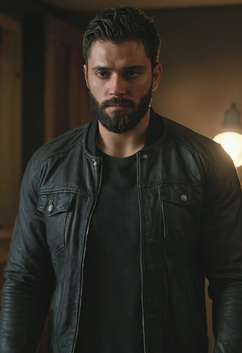((best qualityer)), ((realistic shoulders)), (detailded), ung 26-year-old man in an extremely dark room with poor lighting, He has a trimmed beard and short hair back and little muscle., dressed in dark clothes , dark shirt and jacket without showing the belly