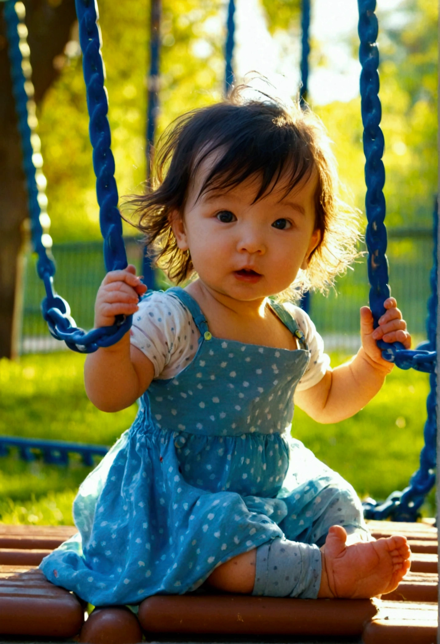 Baby playing on the playground on a sunny day