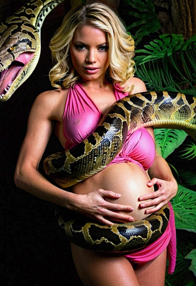 Pregnant Happy Horny, aroused 1girl), beautiful blonde  girl  wearing pink bikini with  giant colossal Kaa monster squeezing her hard, wrapped in thick spiraling coils, constricted, struggle, gasping for air, snake attack, snake peril, moonless night, dim light