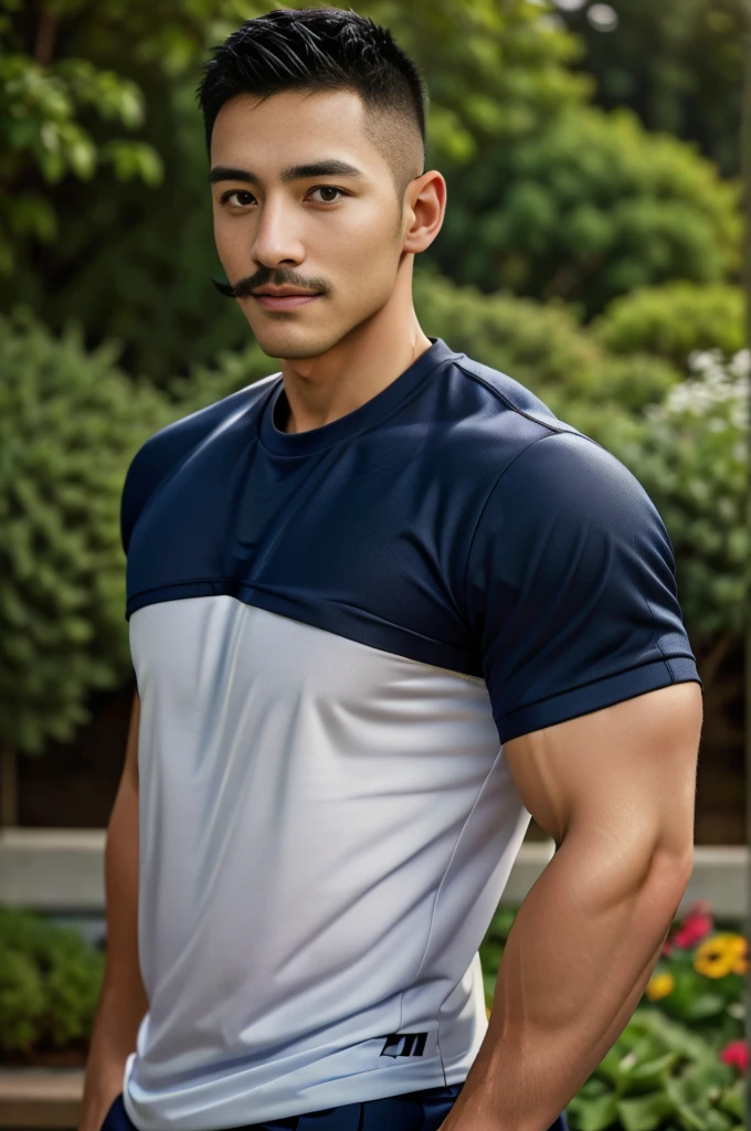 Masterpiece, best quality, high resolution, realistic, handsome, Take beautiful photos, Sayk, NRF, Photo of the 35 year old gym association (The man has a thin mustache.:1.2) Portrait, standing in the garden , make military media, weight, Amazing , Buzzcut short hair,stubble head , (Hyper Muscle),looking at the audience, Flirt with the camera, charming, (Tight navy blue workout shirt. ),(GS-Male:1), 8K,Bokeh,Portrait,look at the viewer,