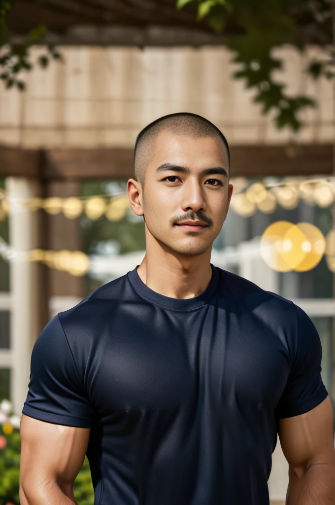 Masterpiece, best quality, high resolution, realistic, handsome, Take beautiful photos, Sayk, NRF, Photo of the 35 year old gym association (The man has a thin mustache.:1.2) Portrait, standing in the garden , make military media, weight, Amazing , Buzzcut short hair,stubble head , (Hyper Muscle),looking at the audience, Flirt with the camera, charming, (Tight navy blue workout shirt. ),(GS-Male:1), 8K,Bokeh,Portrait,look at the viewer,
