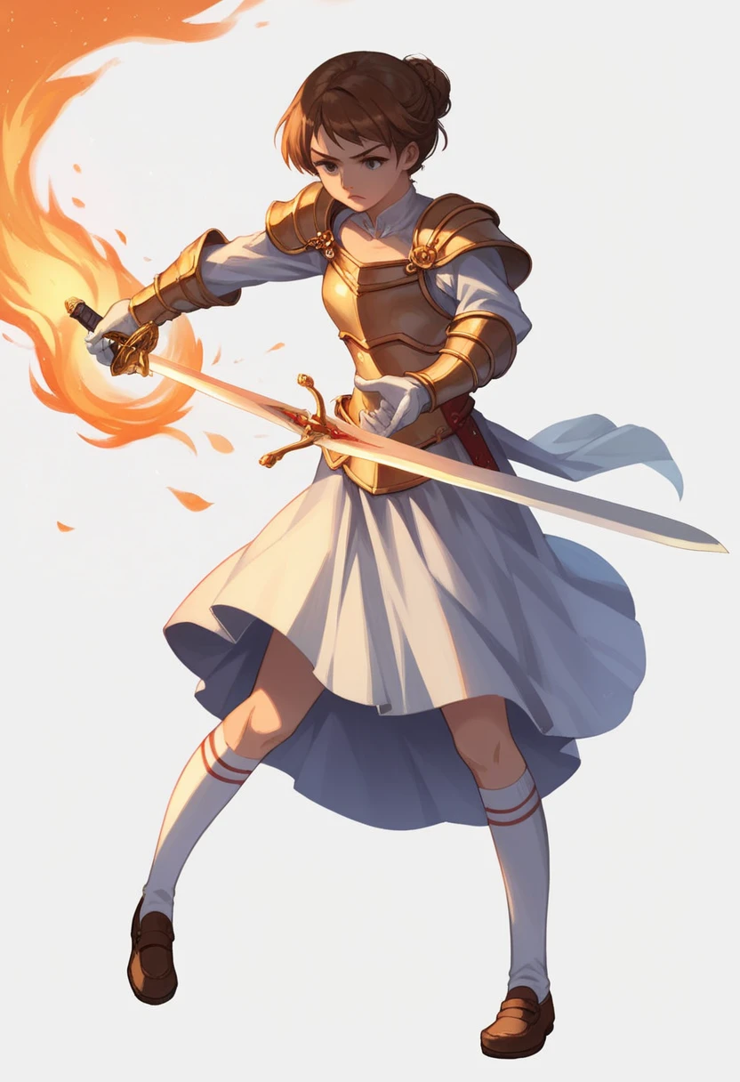 masterpiece, Top quality ï¼Œï¼Œ1 girl, arms, sword, alone, length_hair, chest当て, Holding, Holding_arms, Holding_sword, armor, Brown_hair, Braiding, Knee socks, just_shoulder, Brown_eye, dress, Rapier, independent_sleeve, sheath, white_dress, white_Knee socks, red_skirt, Broke up_lips, 前hair, Shine, fire, chest, Shine_arms, unsheathed, Fantasy, skirt, length_sleeve, gloves, energy, Shine_sword, magic, cowboy_shot, white_gloves, white_sleeve, very_length_hair, Are standing, Holding_sheath, unsheathing