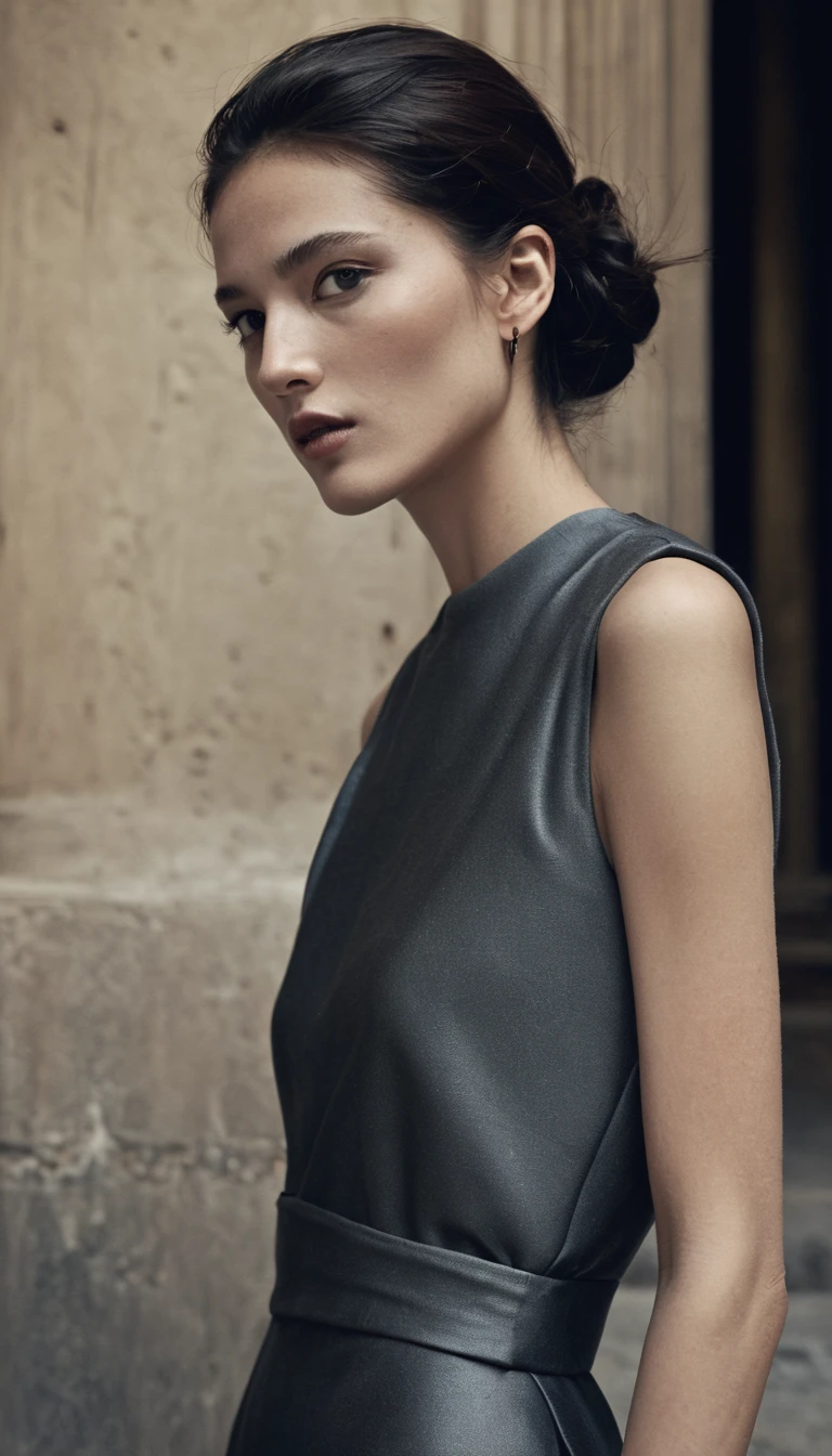Pantheon exterior, fashion photoshoot, 1girl, high fashion, photographed by Peter Lindbergh, ultra high definition, realistic, perfect hands