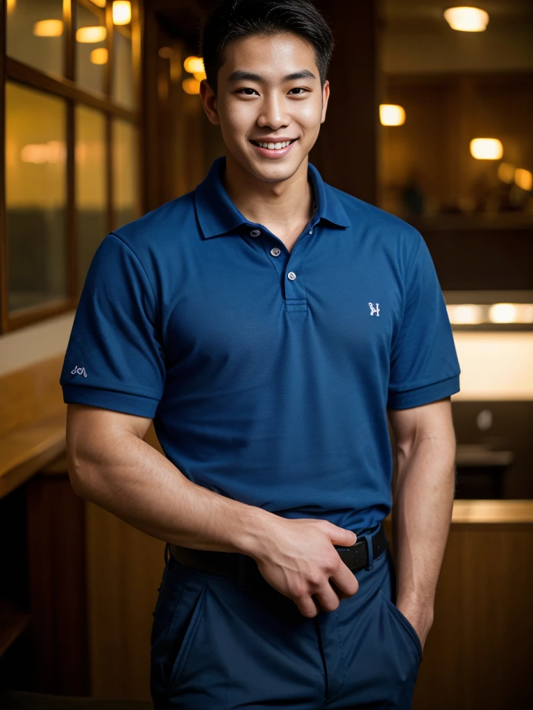(best quality, 4K, 8K, high resolution, Masterpiece: 1.2), Special details, (realistically, As realistic as a photo, photo realistic: 1.37), Edge lighting, Extra detailed coloring, sharp focus, Physical rendering ,Extremely detailed description,professional,light color,Bokeh,Portrait,look at the viewer,
Young Asian man, 20 years old ,(Wear a dark blue polo shirt.), smile