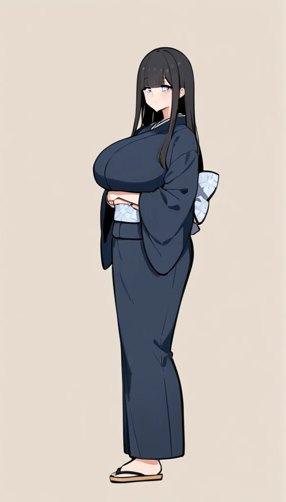 24-years-old, Huge breasts, soft, Long black hair, Straight bangs, Full body illustration of a blue-eyed girl, Japanese Kimono,Unbuttoned