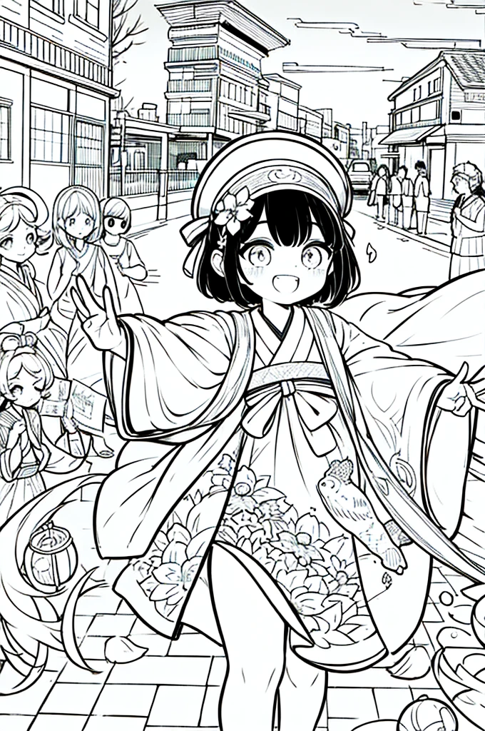 As a coloring book, the color should be black and white, the border should be simple, clear, and bold. A bubbly Asian girl with a contagious smile is enjoying a lively [matsuri festival] in the bustling streets of Tokyo. She is wearing a festive [kimono with goldfish pattern], the vibrant colors blending with the energy of the crowd. The girl's hands are clapping to the rhythm of the music, and her hair is adorned with a colorful [hair ornament]. The festival lanterns and street decorations provide a festive backdrop for the coloring book illustration.

