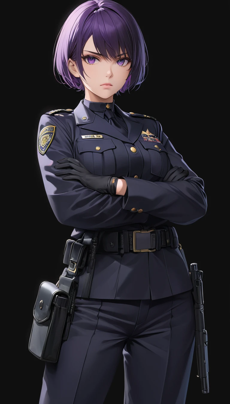 High-resolution anime digital art, Masterpiece, tomboy, mature, sexy, smart, short hair color pitch black, real detail eyes pupil purple, real detail hands and fingers, wear gloves, black chokers, wear Black FBI uniform, Serious Face, crossed arms, Full Body, Alone, intricate, hyper detailed, sharp focus, physically-based rendering, (black background:1.1)