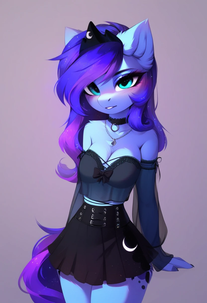 check_9, check_8_up, check_7_up, source_fluffy, rating_safe, from Magnaluna, Luna poses seductively in a gothic bedroom, antro, blushing, blue body, purple mane, see through black skirt 